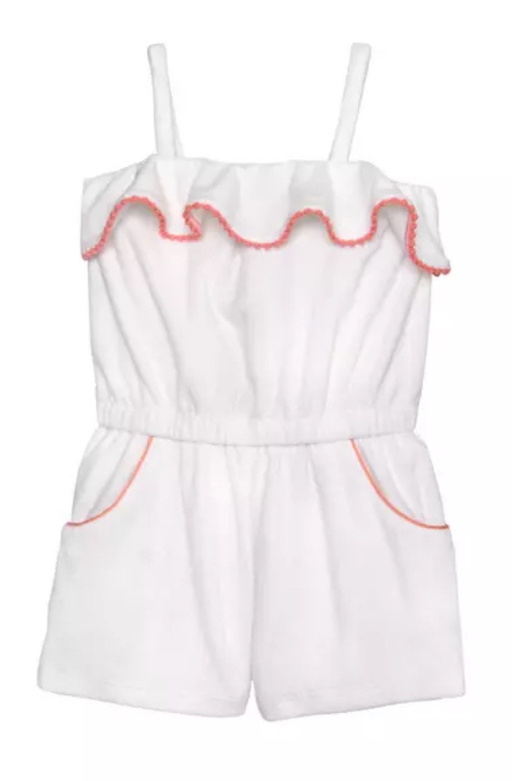 Janie And Jack Ruffle Terry Romper White Pink Pom Pom Trim Swim Coverup